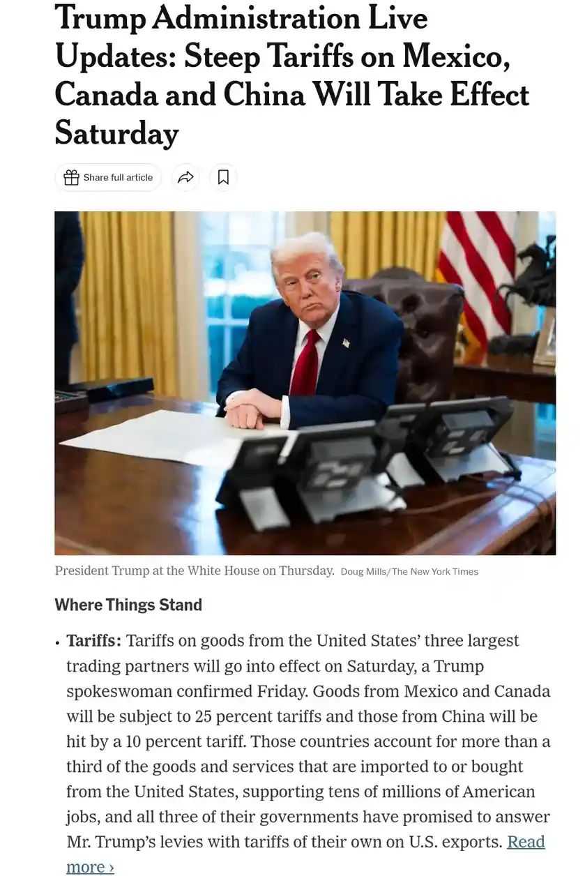 A screenshot of a news article shows a photo of Donald Trump sitting at a desk in the Oval Office, looking serious. The…