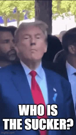 A vertical triptych of Donald Trump in a blue suit and red tie, shown in five sequential frames. In each frame, he displays…