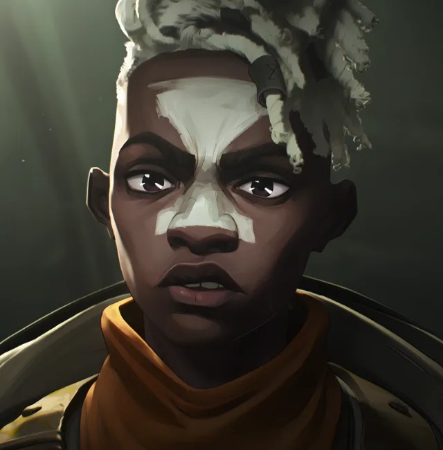 A digital illustration of a person with dark skin, white face paint in a geometric pattern, and white dreadlocks, wearing an…