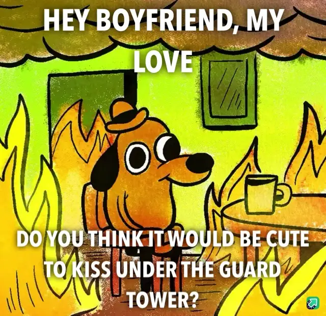 A cartoon dog wearing a hat sits in a room engulfed in flames, looking at the viewer with a cup on a table beside it. The…