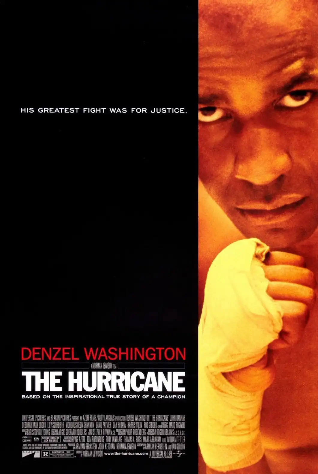 This is a movie poster for 'The Hurricane' starring Denzel Washington, showing a close-up of him with a boxing glove on his…