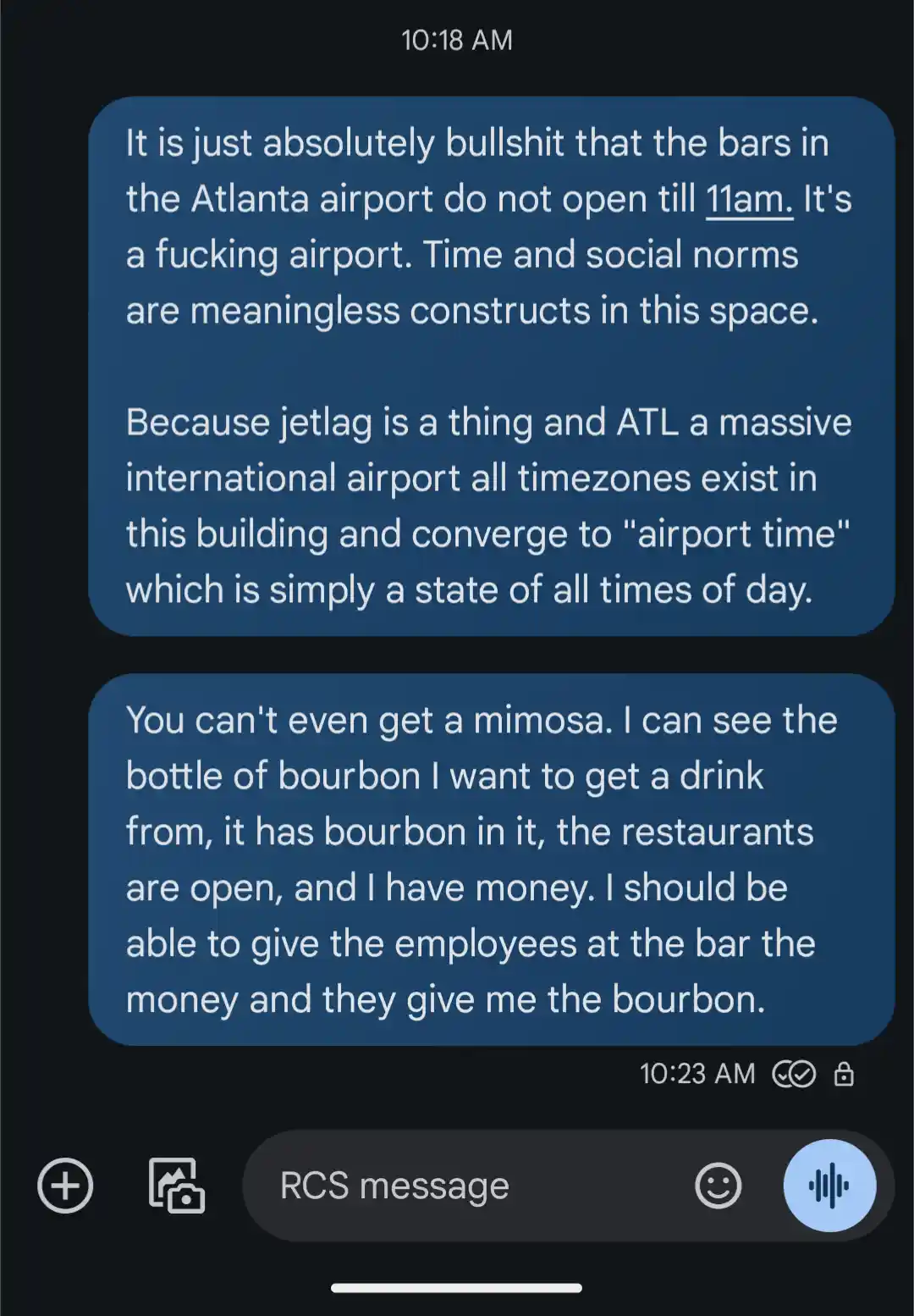 A screenshot of a text message conversation where the sender expresses frustration that Atlanta airport bars don't open…