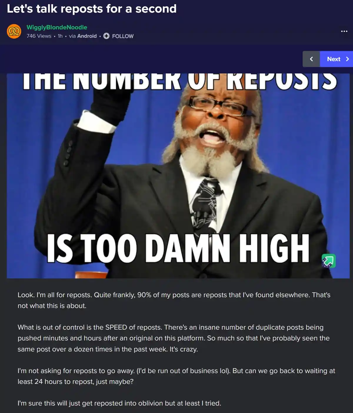 A man in a suit and glasses, raising his gloved hand, is overlaid with bold white text reading 'THE NUMBER OF REPOSTS IS TOO…