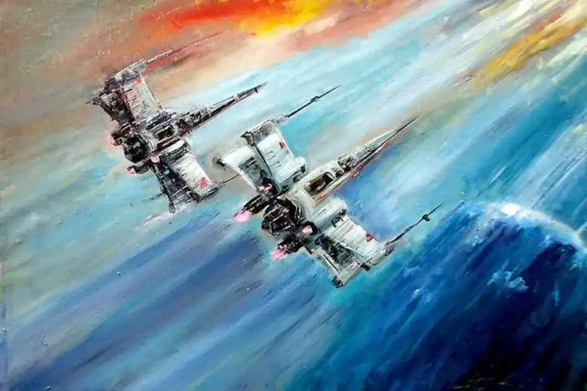 A dynamic, painterly image depicts two X-wing starfighters in close formation, flying through a vibrant blue and orange sky…