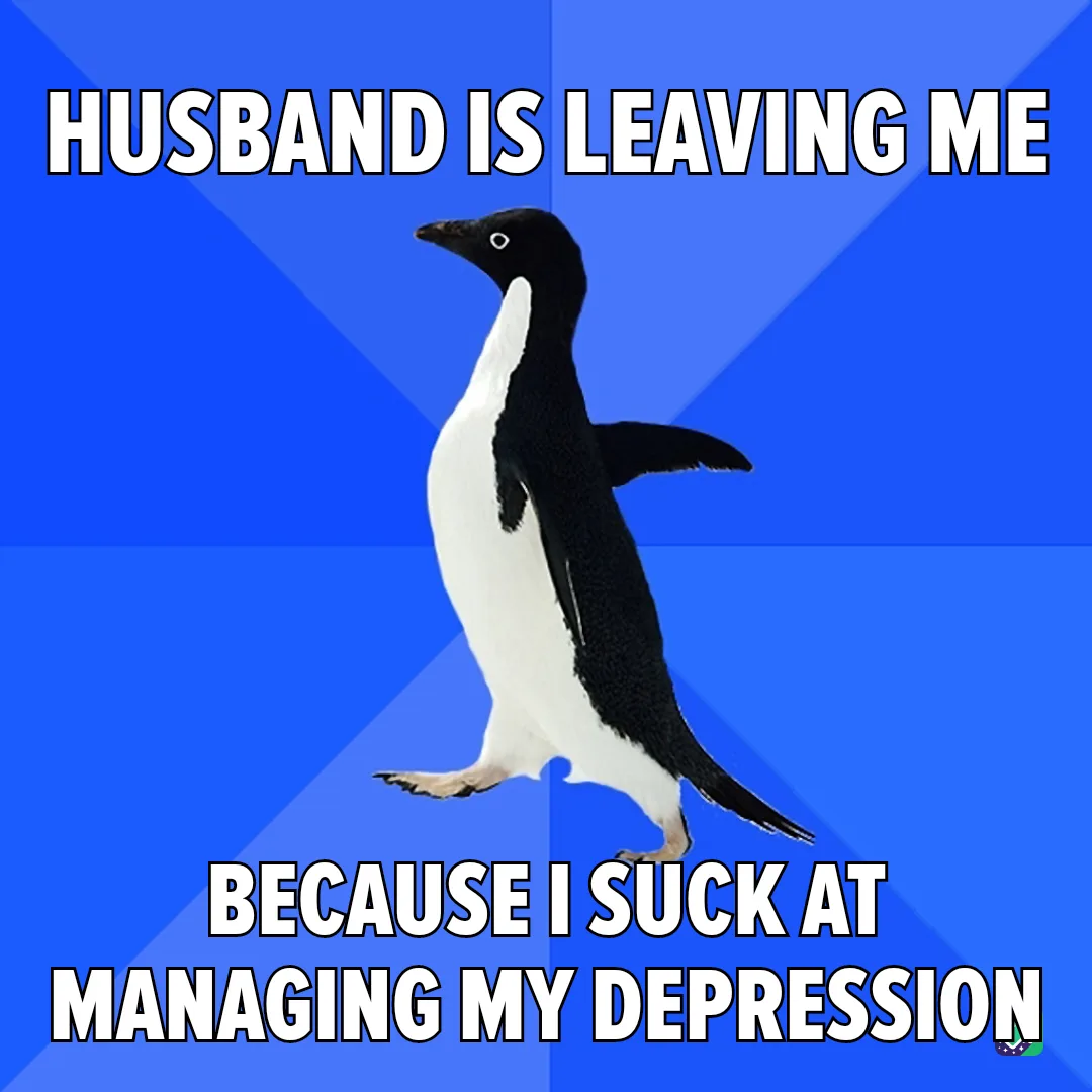 A black-and-white penguin walks forward against a blue background with diagonal lines. The text at the top reads 'HUSBAND IS…
