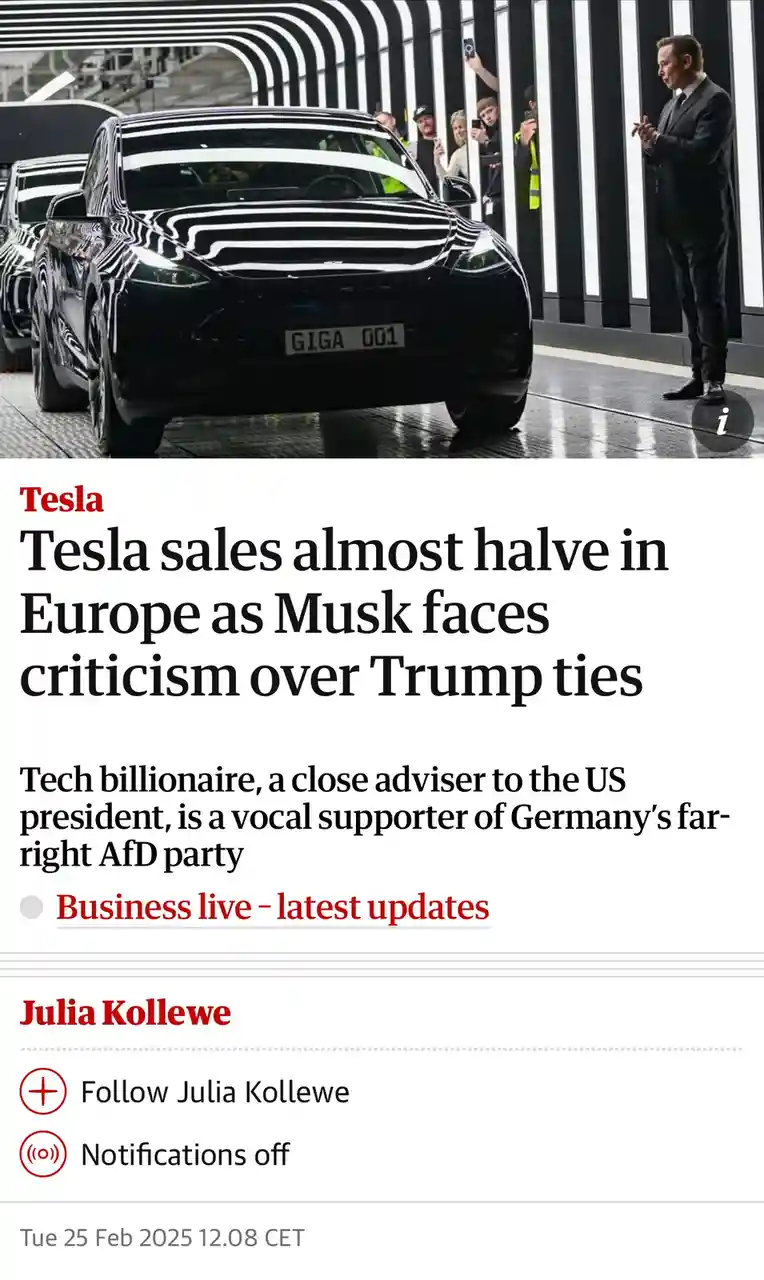 A screenshot of a news article shows a black Tesla car with 'GIGA 001' license plate on a factory floor, with Elon Musk…