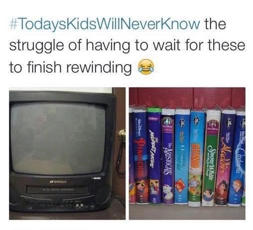 The image shows a split-screen: on the left, an old Sanyo VCR/DVD player with a blank screen, and on the right, a row of…