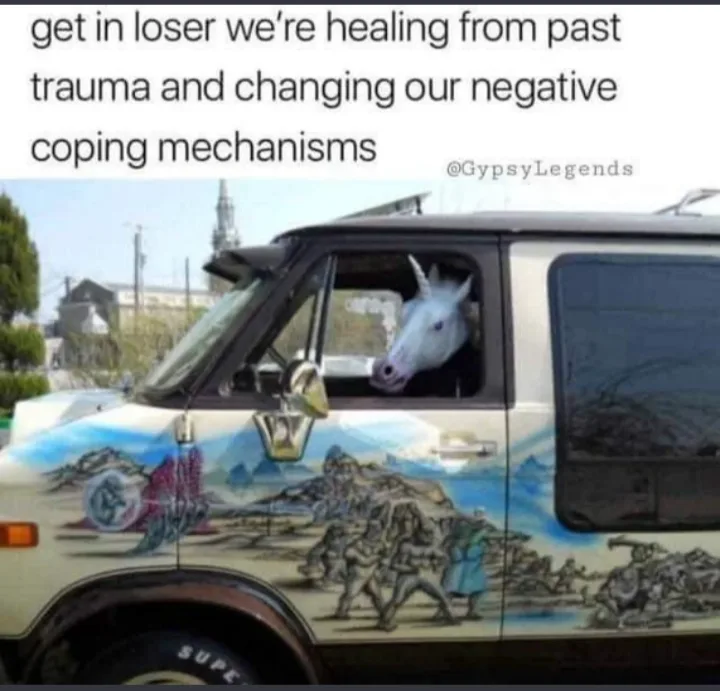 A white van with elaborate, colorful artwork on its side is shown, with a unicorn head sticking out of the driver's side…