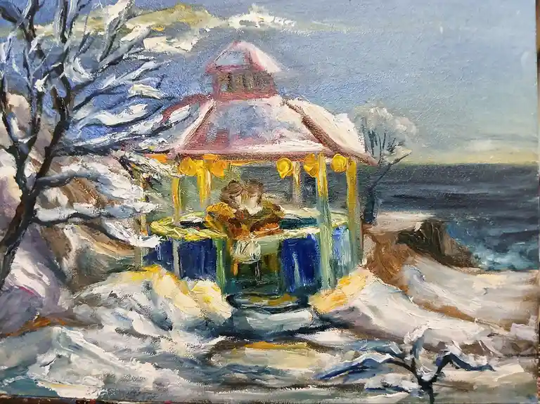A painting depicts a couple sitting inside a snow-covered gazebo by the ocean, surrounded by snow-laden trees and a cold…