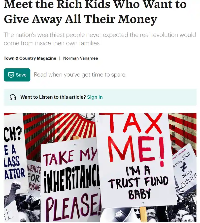 An article header from Town & Country Magazine by Norman Vanamee, overlaid on a photo of protesters holding signs that read…