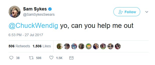 A screenshot of a tweet from Sam Sykes (@SamSykesSwears) dated July 27, 2017, showing him addressing Chuck Wendig with the…