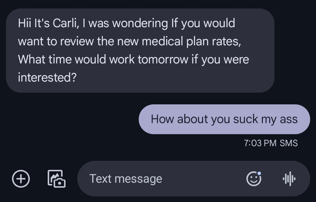 A screenshot of a text message conversation shows a professional message from 'Carli' asking about reviewing medical plan…