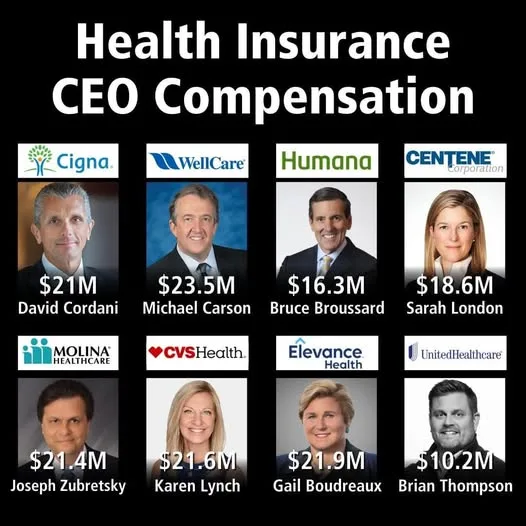 An infographic titled 'Health Insurance CEO Compensation' displays headshots and names of eight health insurance company…