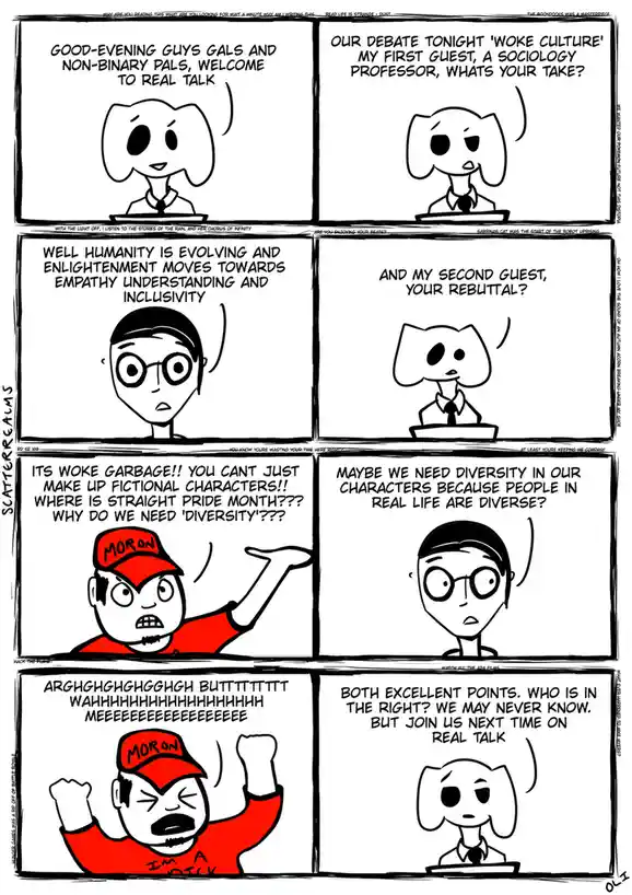 A six-panel comic strip featuring a host with a dog-like head moderating a debate on 'woke culture'. The first guest, a…