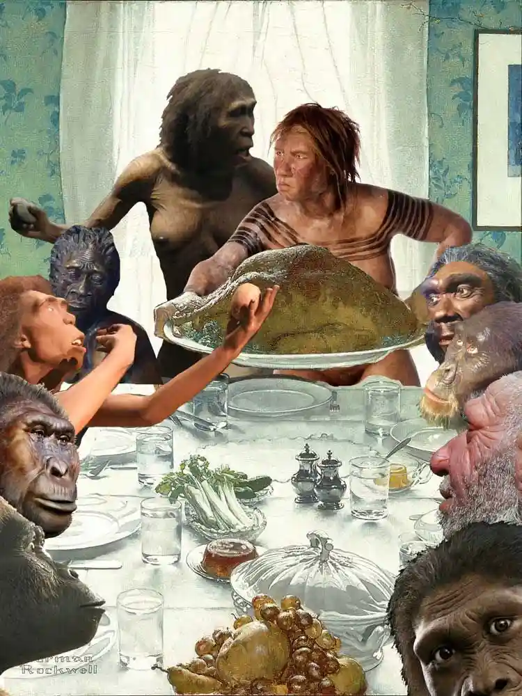 A digitally altered painting depicts a group of primates, including humans and apes, gathered around a dining table with…