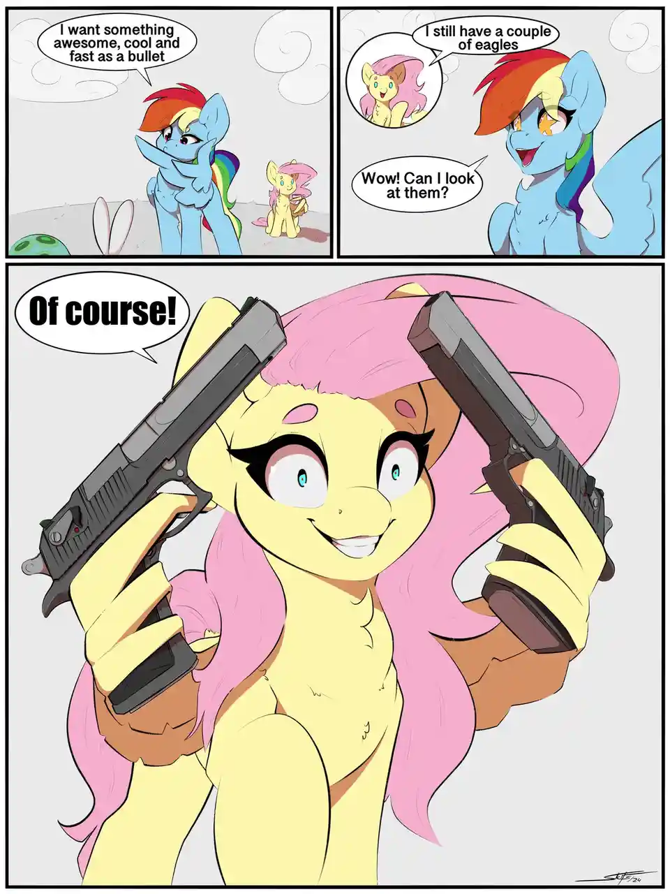 A three-panel comic featuring My Little Pony characters. In the first panel, Rainbow Dash asks for something 'awesome, cool…