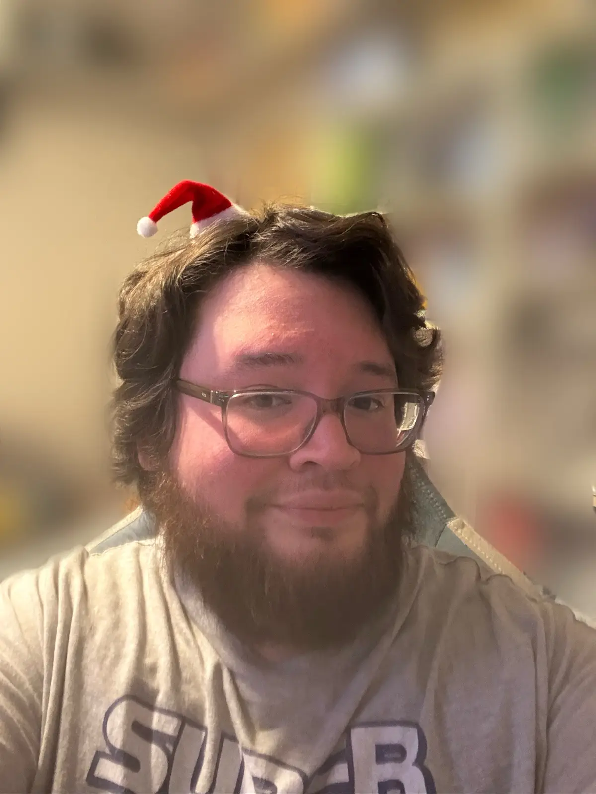 A man with glasses and a beard wears a tiny red Santa hat perched on his head, looking directly at the camera with a subtle…