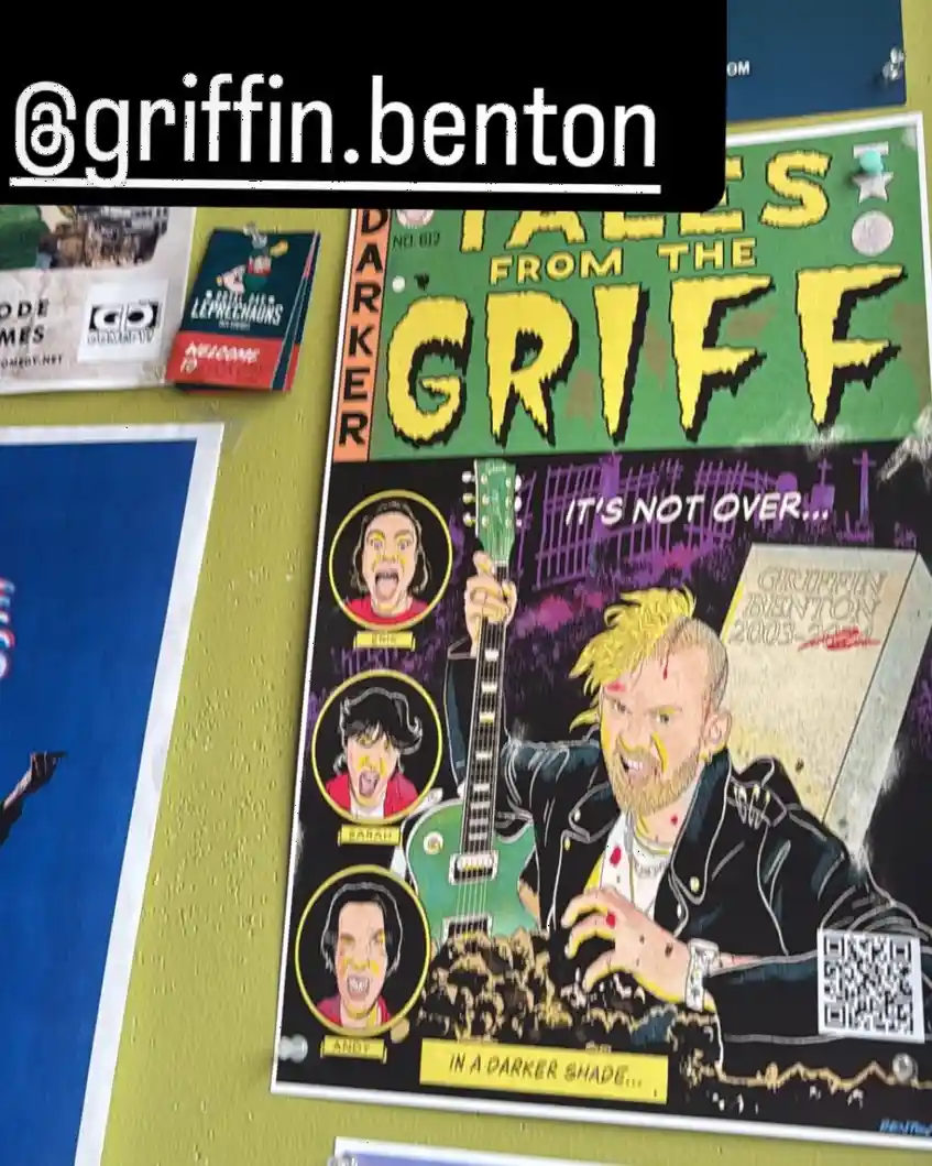 A comic book cover titled 'Tales from the Grif' shows a cartoon of Griffin Benton emerging from a grave while holding a…