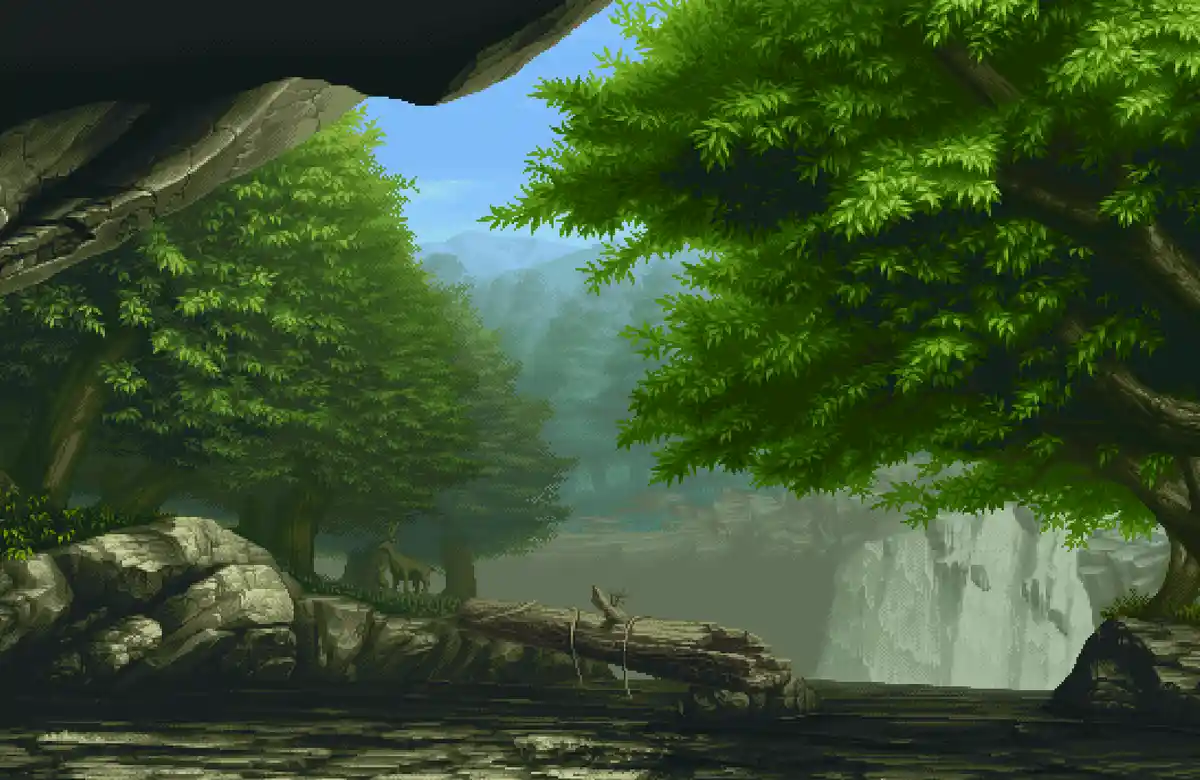 The image displays a repeating, horizontally tiled background of a lush, animated forest scene with large green trees, rocky…