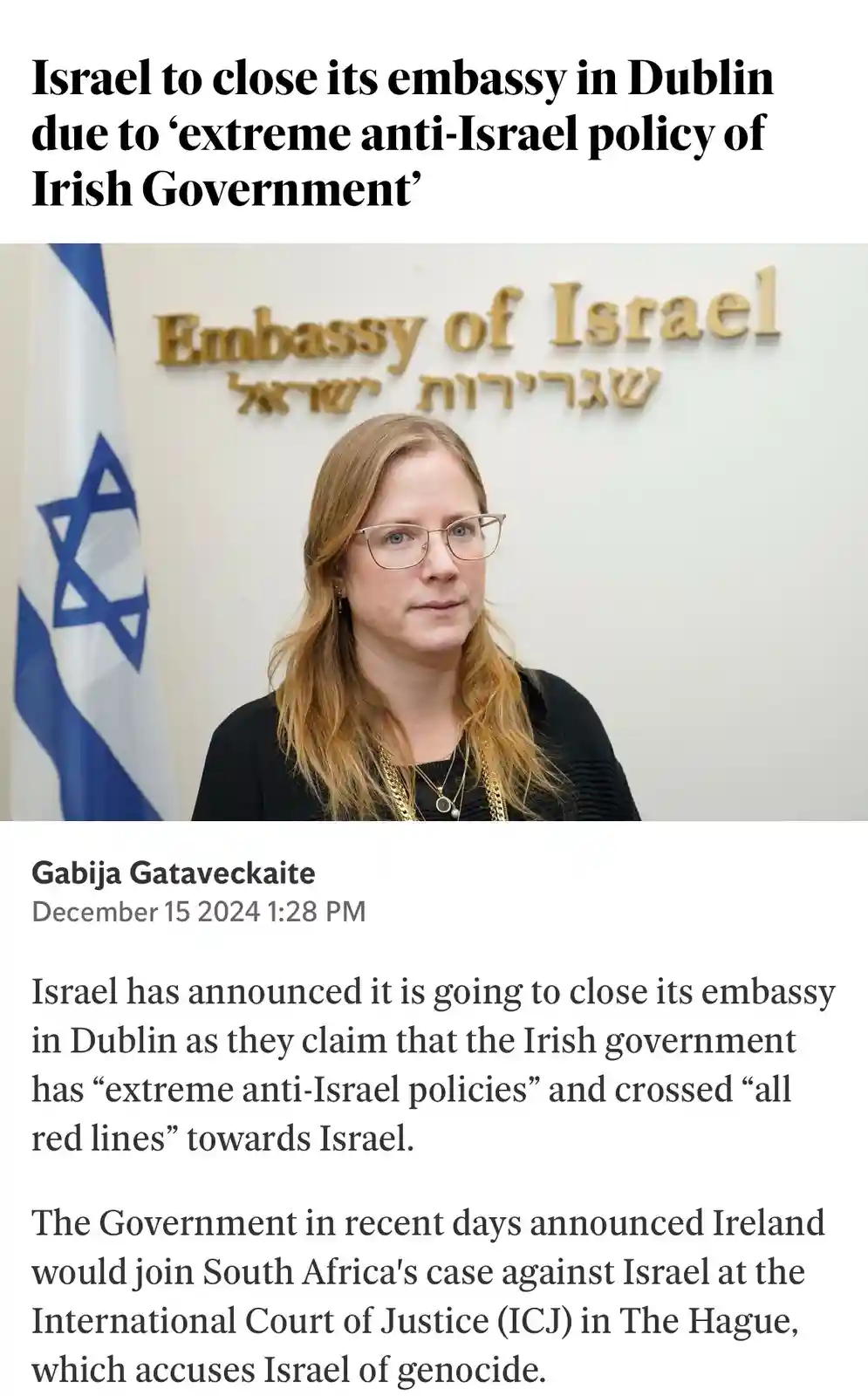 A news article screenshot shows a woman, identified as Gabija Gataveckaite, standing in front of an 'Embassy of Israel' sign…