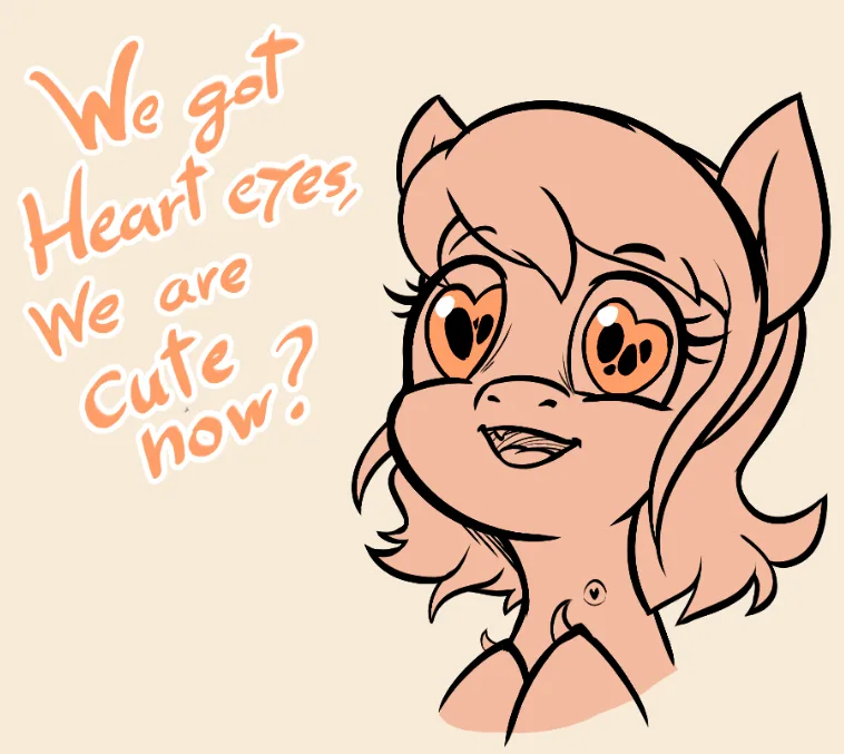 A cartoon pony with peach-colored skin and hair has heart-shaped pupils and a slightly smug expression. The text overlaid on…