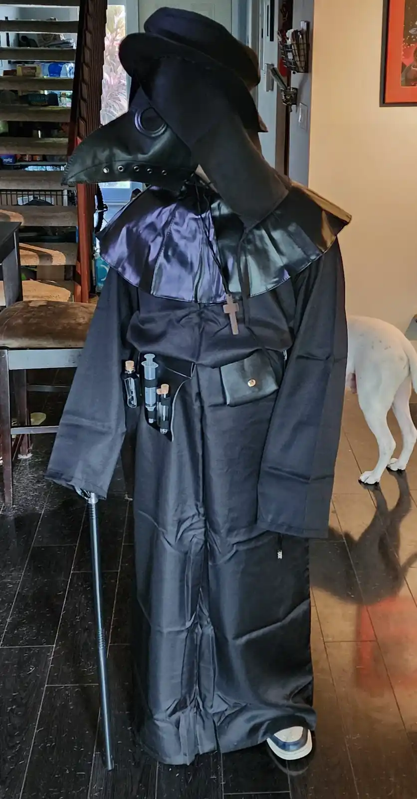 A person stands indoors wearing a full plague doctor costume, including a long black robe, a wide-brimmed hat, and a…