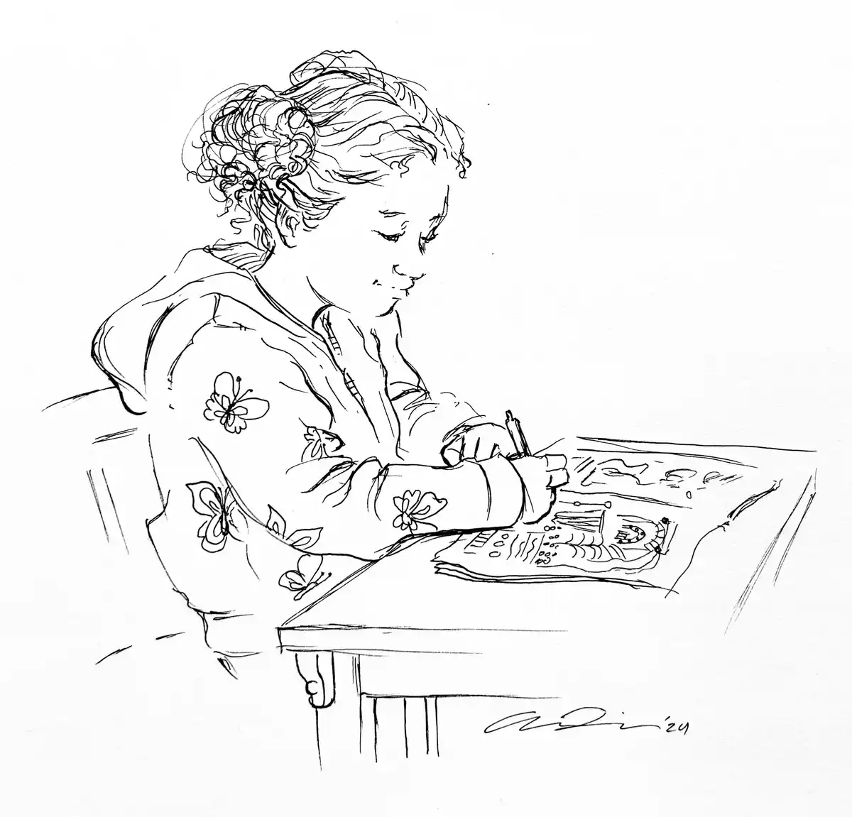A black-and-white line drawing shows a young girl with curly hair in a bun, wearing a floral-patterned top, sitting at a…