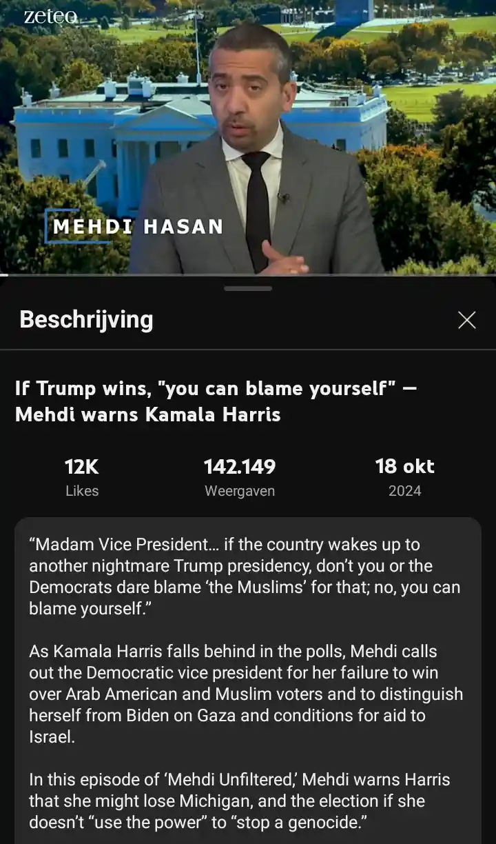 A screenshot of a YouTube video description showing Mehdi Hasan speaking in front of a backdrop of the White House. The…