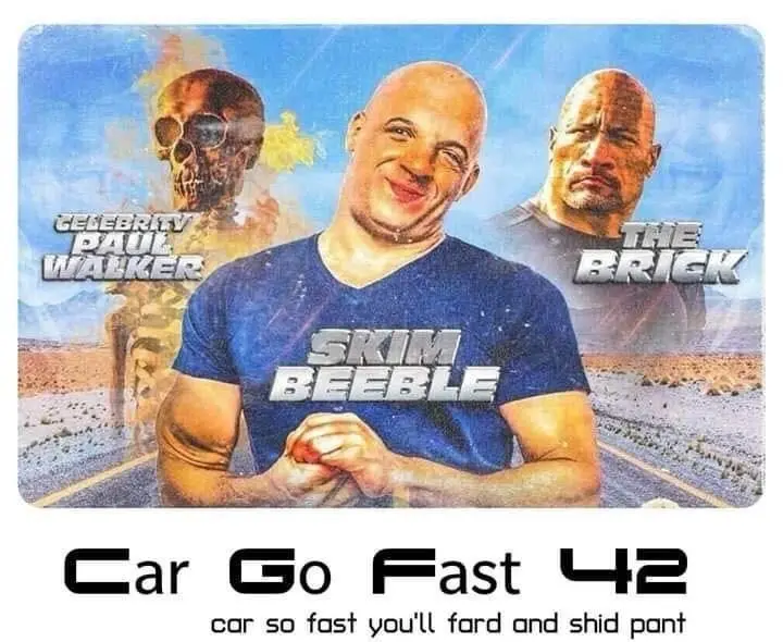 An image parodying a movie poster with Vin Diesel in the center wearing a shirt that says 'SKIM BEEBLE', flanked by a skull…