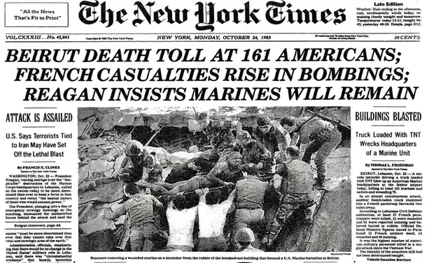 This is a black-and-white newspaper front page from The New York Times dated Monday, October 24, 1983, reporting on the…