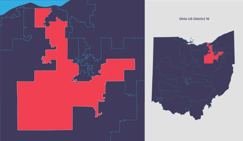 The image displays two maps: a large, oddly shaped red district on the left and a smaller map of Ohio on the right with a…