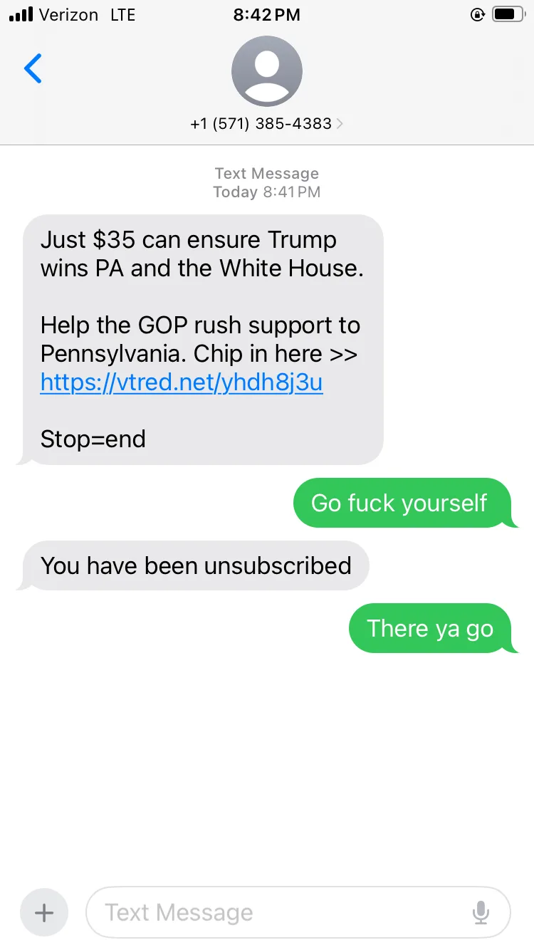 A screenshot of a text message conversation shows a scammer's message offering to help Donald Trump win Pennsylvania and the…