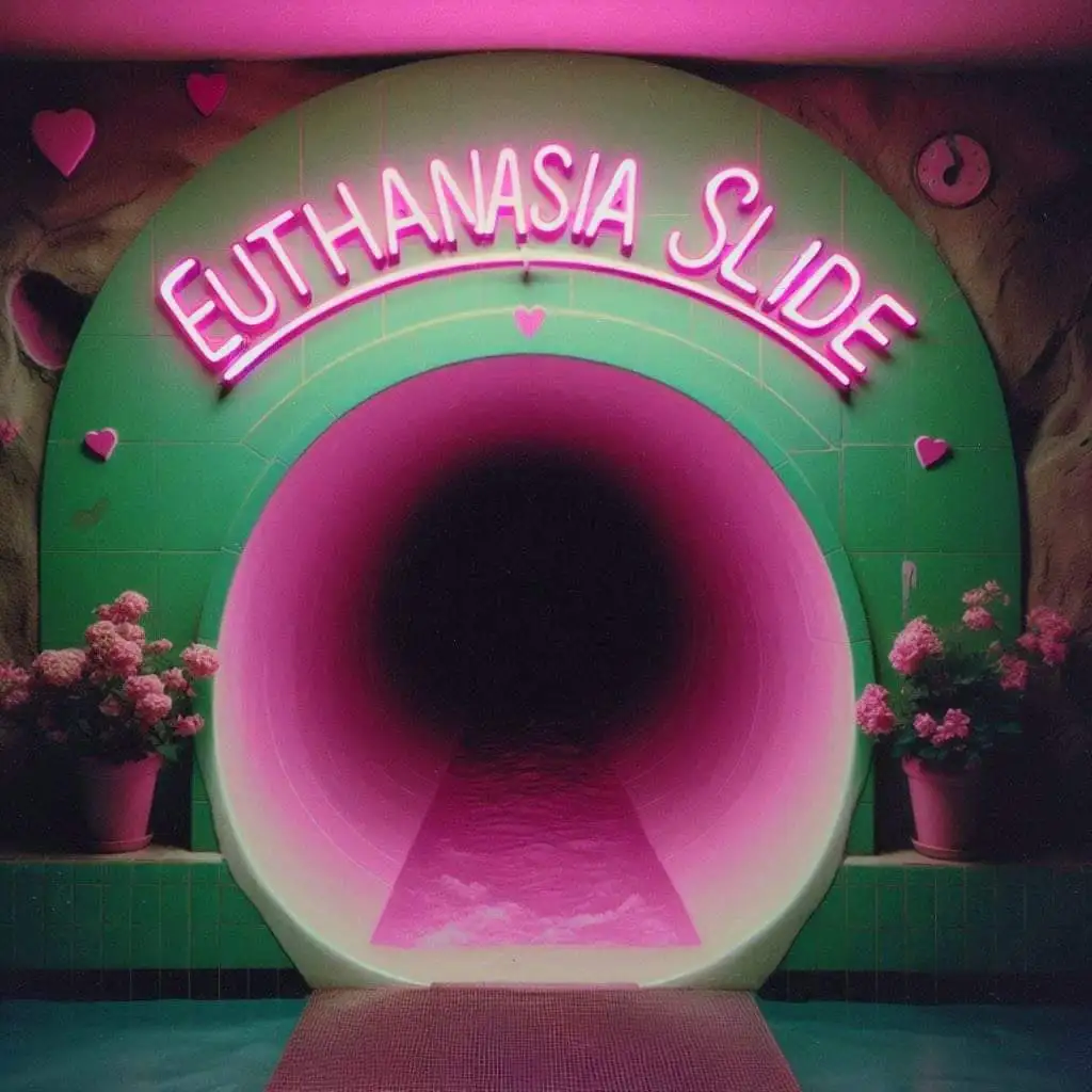 A surreal, brightly lit image shows the entrance to a large, pink-tiled water slide with a neon sign above reading…