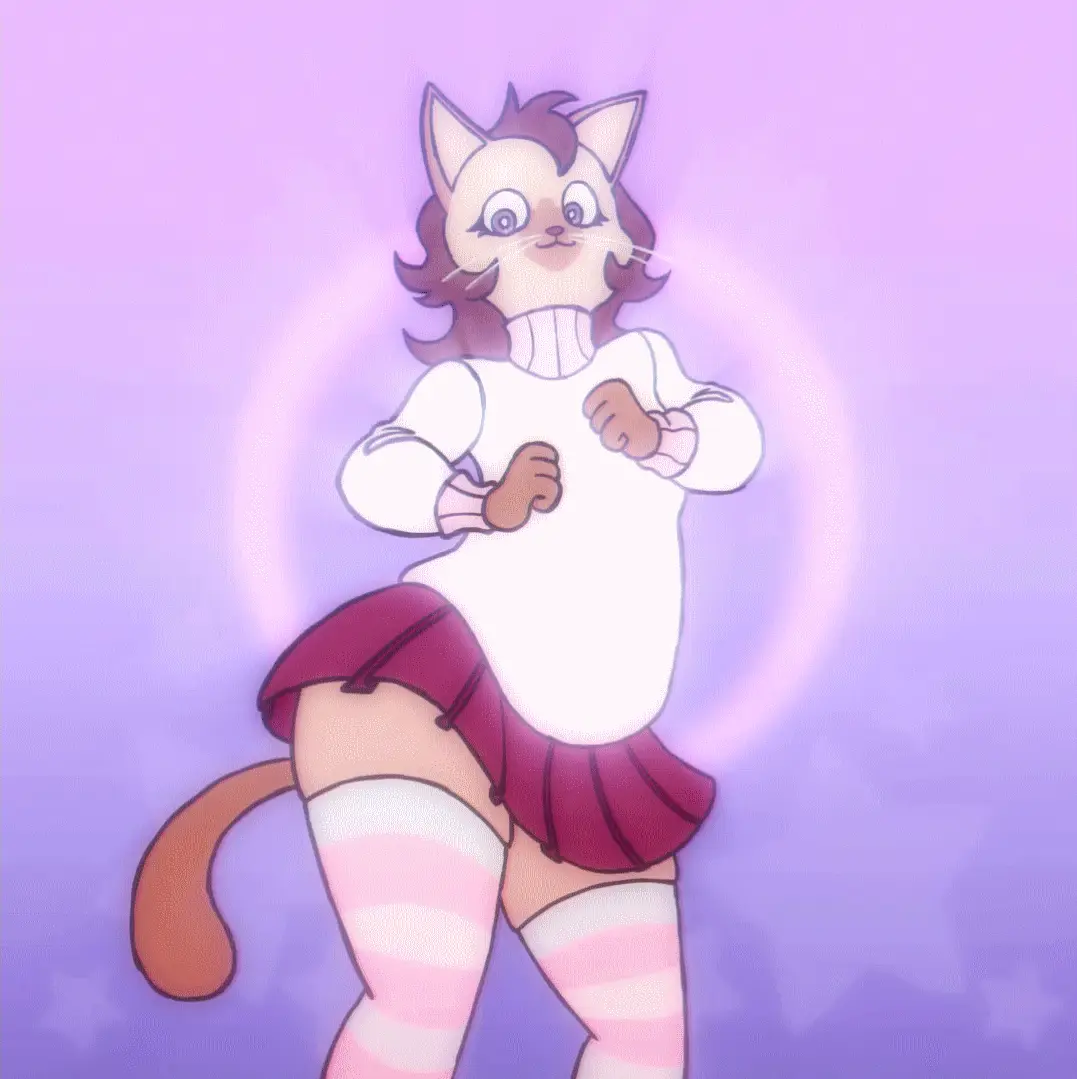 A six-panel grid shows an anime-style cat girl in a white sweater, maroon skirt, and striped thigh-highs, posing with her…