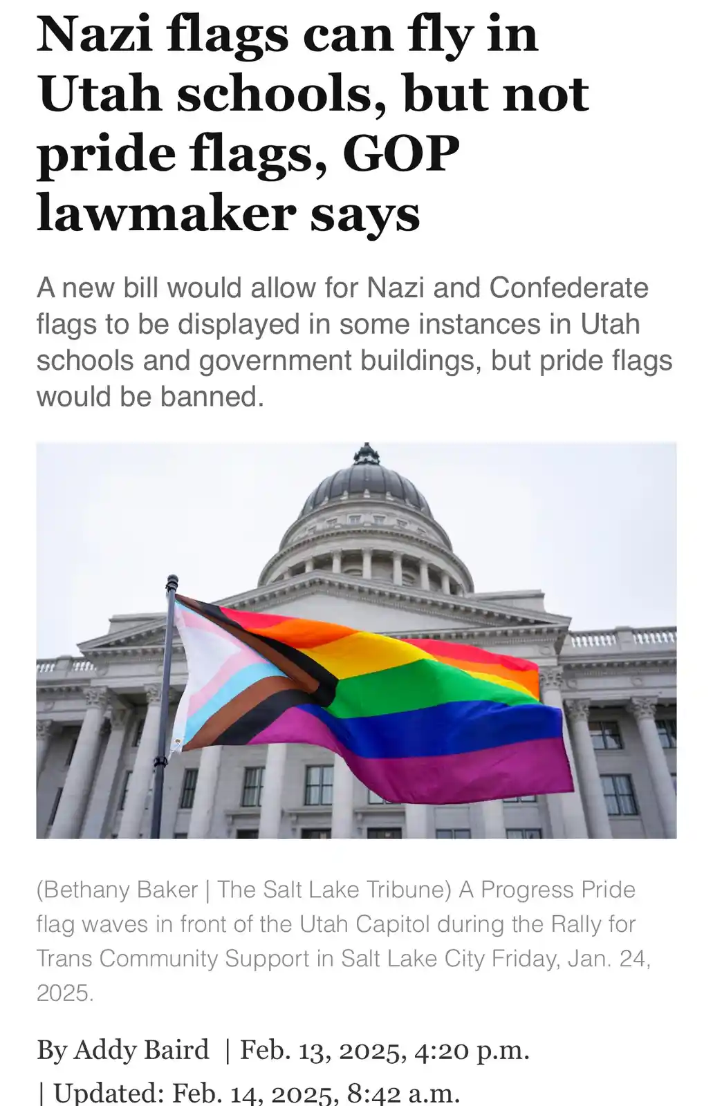 A news article screenshot shows a rainbow pride flag waving in front of the Utah Capitol building. The headline reads 'Nazi…