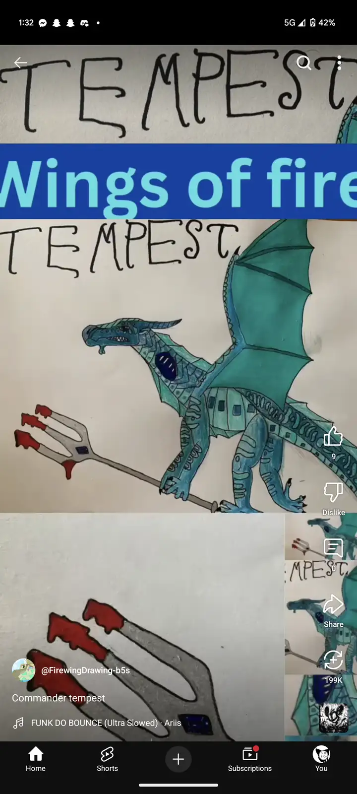 A child's drawing of a teal dragon named 'TEMPEST' holding a large three-pronged fork with red tips, overlaid with the text…