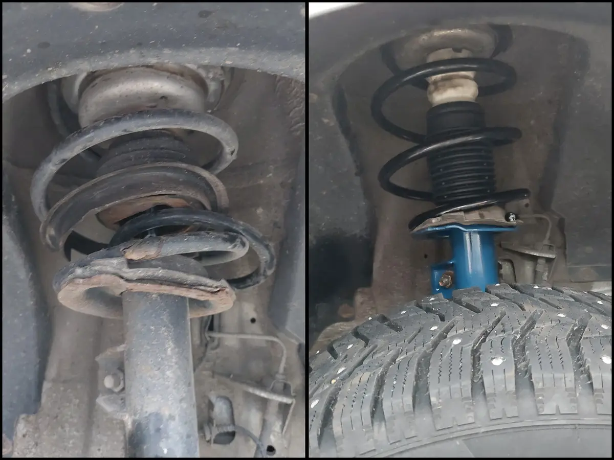 A side-by-side comparison of a car's worn-out, rusted suspension coil spring on the left and a newly installed, clean blue…