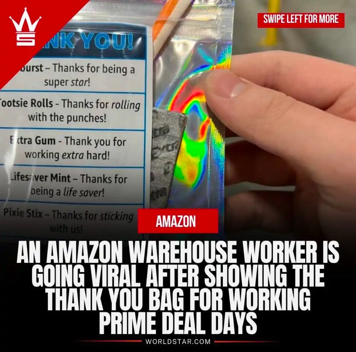 A hand holds a shiny, holographic Amazon thank you bag, revealing a list of candy items with punny thank-you messages like…