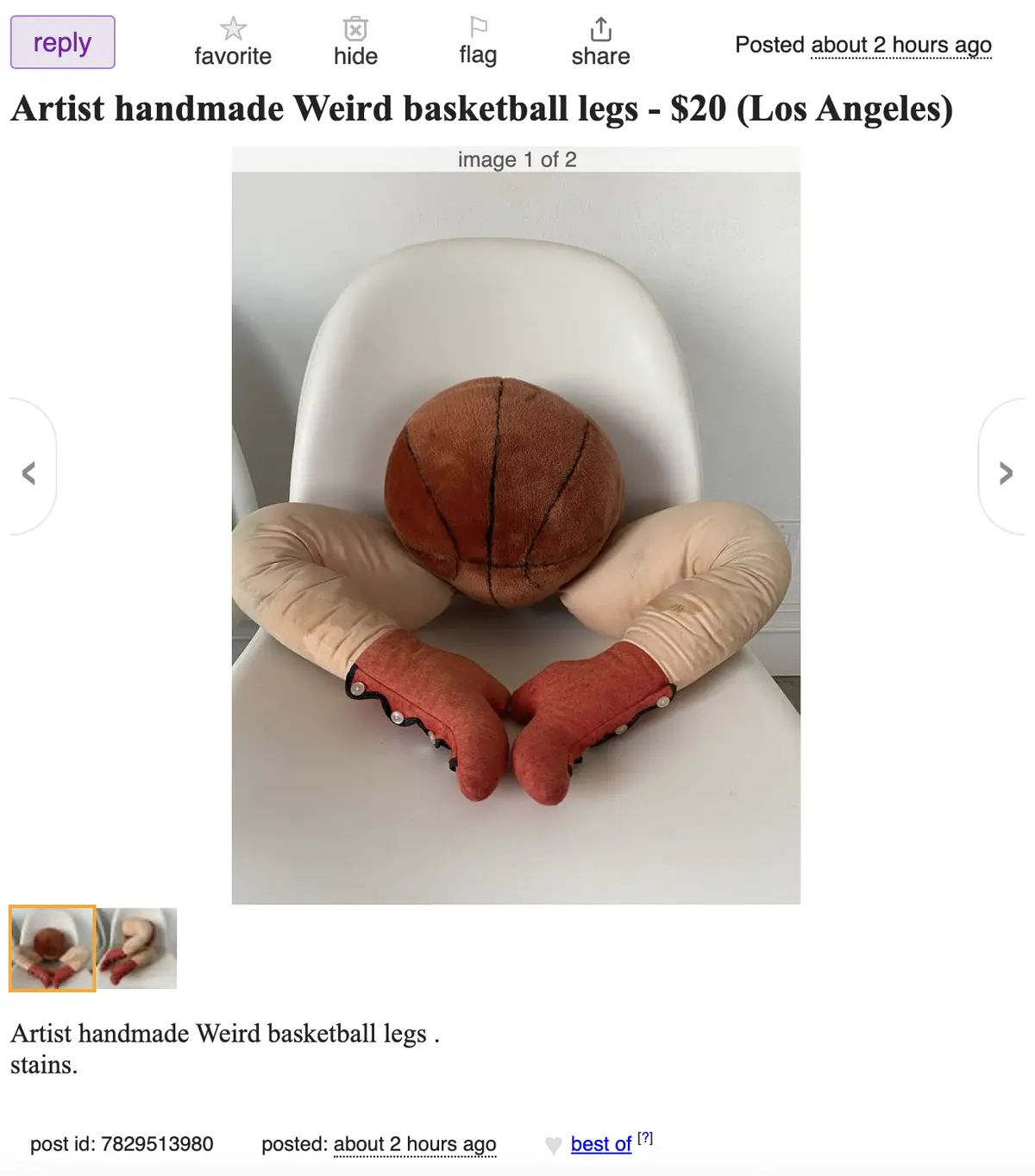 A handmade plush toy is shown sitting in a white chair, featuring a basketball as its head and long, beige, tubular arms…