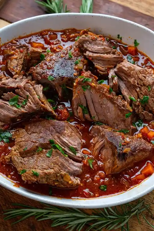 A close-up photo of a white bowl filled with tender, shredded beef in a rich, red sauce, garnished with chopped green herbs…