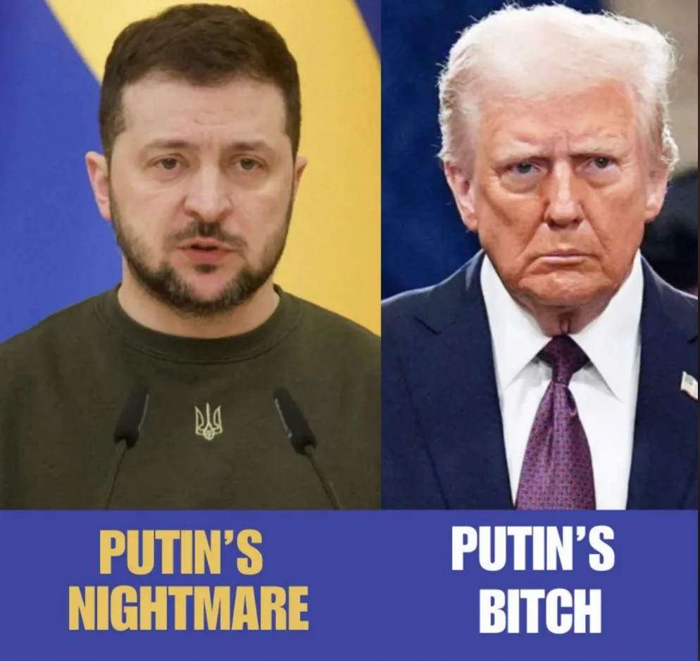 The image is a split-screen meme featuring Ukrainian President Volodymyr Zelenskyy on the left, wearing a green shirt with a…