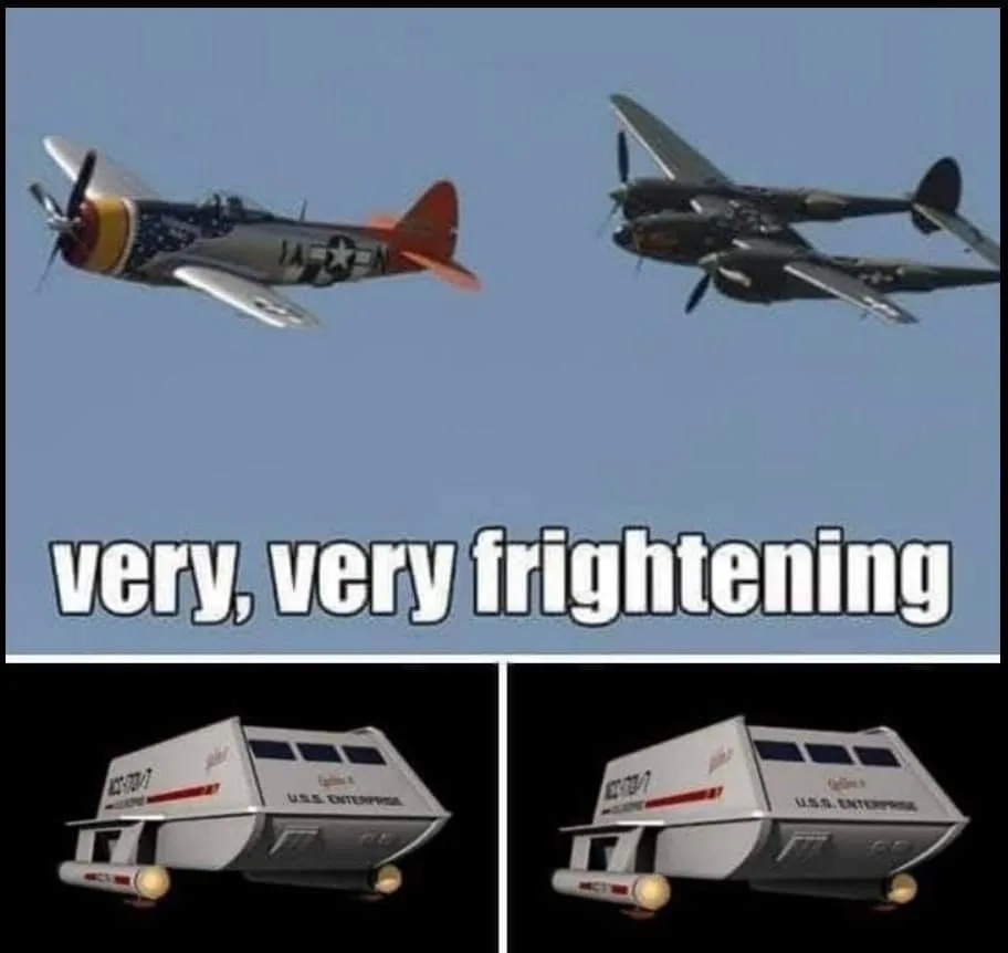 The image shows two vintage military fighter planes flying side-by-side against a clear blue sky. Below, two identical 3D…