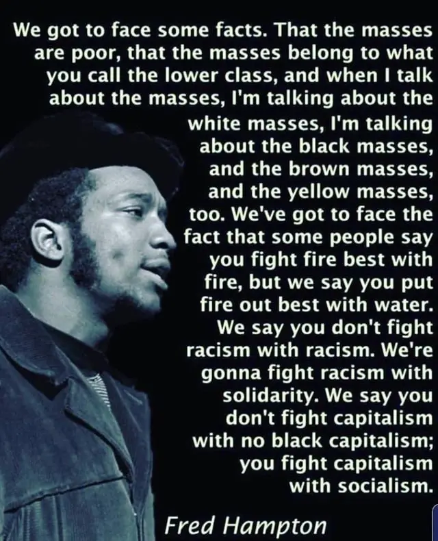 A black-and-white photo of Fred Hampton, a Black Panther leader, looking upward and to the side. Overlaid in large white…