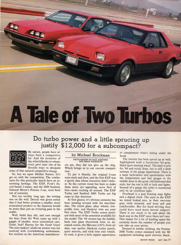 A vintage Motor Trend magazine spread from May 1984 shows two red 1980s American turbocharged cars, a Ford EXP Turbo and a…