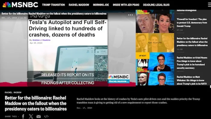 A screenshot of an MSNBC news page featuring a headline about Tesla's Autopilot crashes. The image shows a laptop screen…