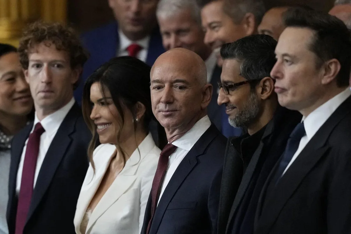 A group of prominent tech billionaires, including Mark Zuckerberg, Jeff Bezos, Sundar Pichai, and Elon Musk, are shown…