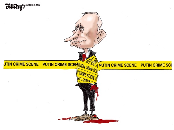 A cartoon caricature of Vladimir Putin stands with a long nose, wearing a suit and tie, surrounded by yellow crime scene…