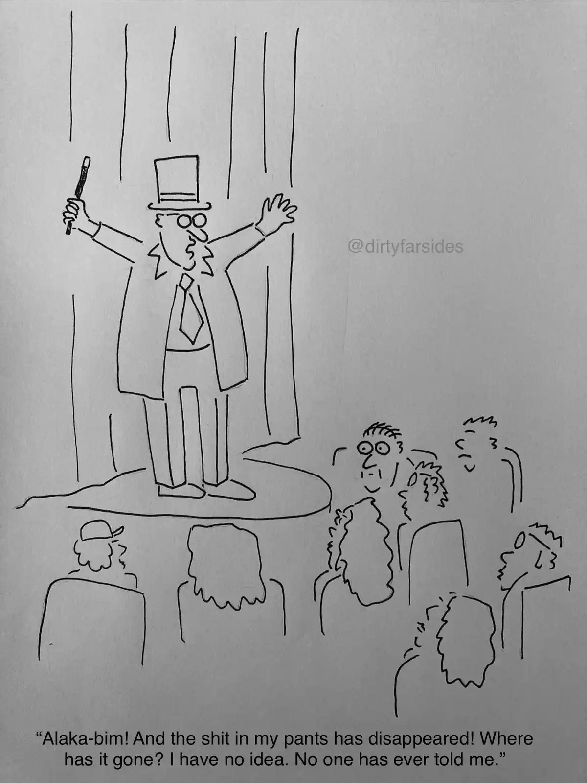 A black-and-white line drawing shows a magician in a top hat and suit on a stage, holding a cane and gesturing dramatically…