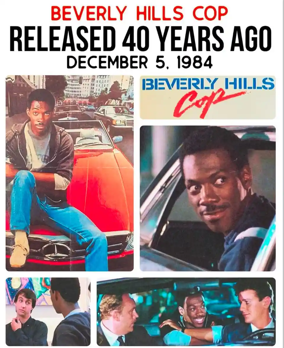 A collage of four images from the 1984 movie 'Beverly Hills Cop' featuring actor Eddie Murphy in various scenes: sitting on…