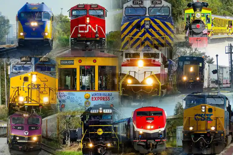 A collage of various colorful and diverse trains, including locomotives from different railroads like CSX, Amtrak, and CN…